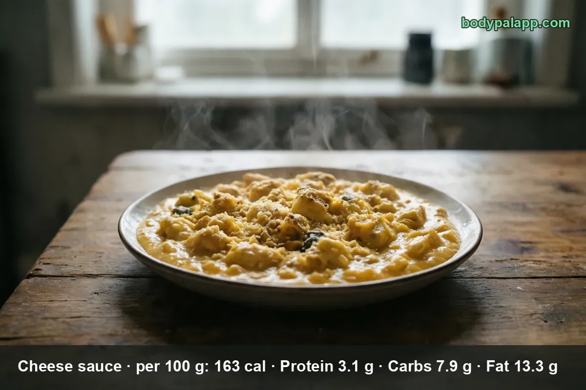 Shallow plate of thick lumpy yellow cheese sauce with small chunks and dark bits, sprinkled with crumbs.