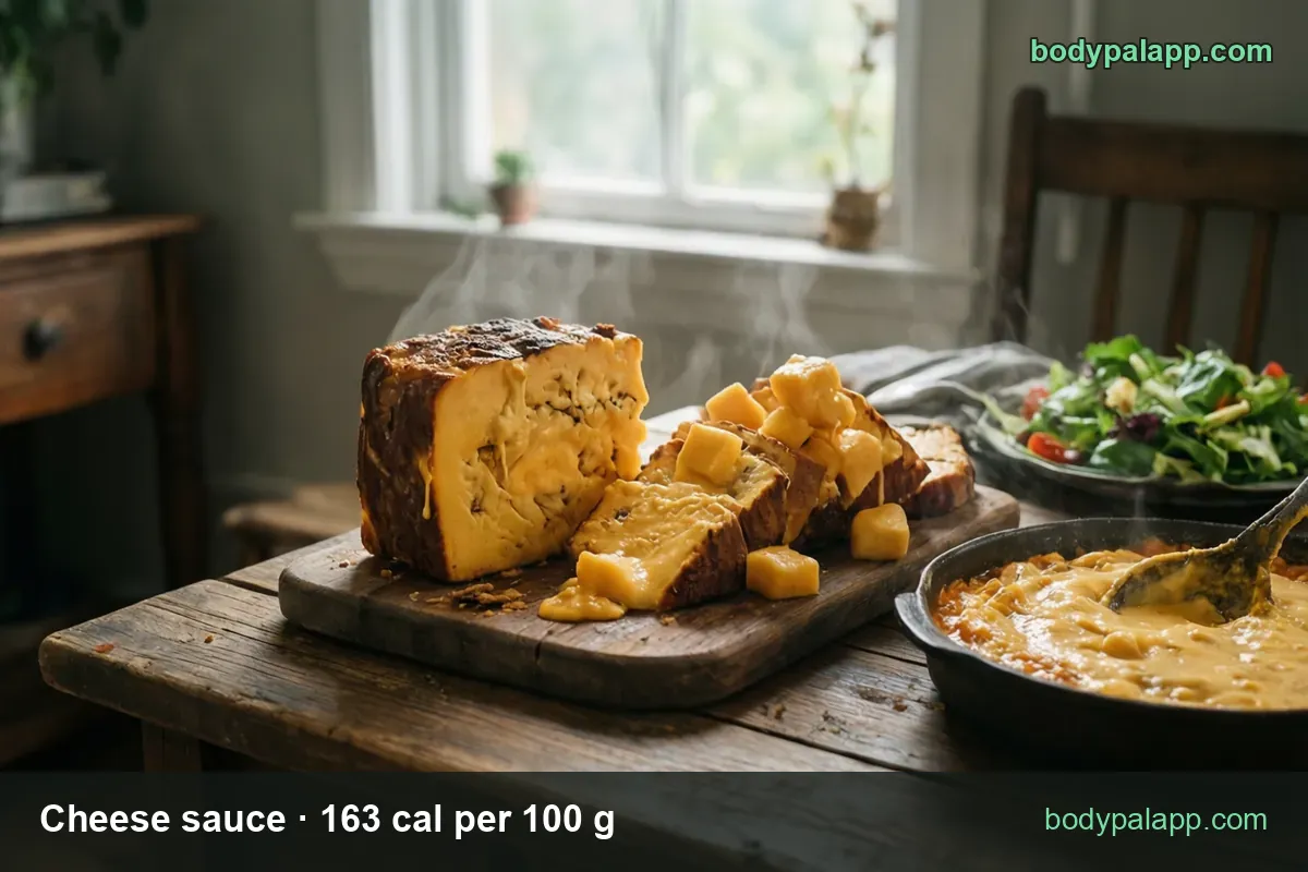 Cheese block with slices and cubes on a board, cast-iron pan of thick melted cheese sauce with a spoon: 1/4 cup 104 cal, 1 tbsp 26 cal.