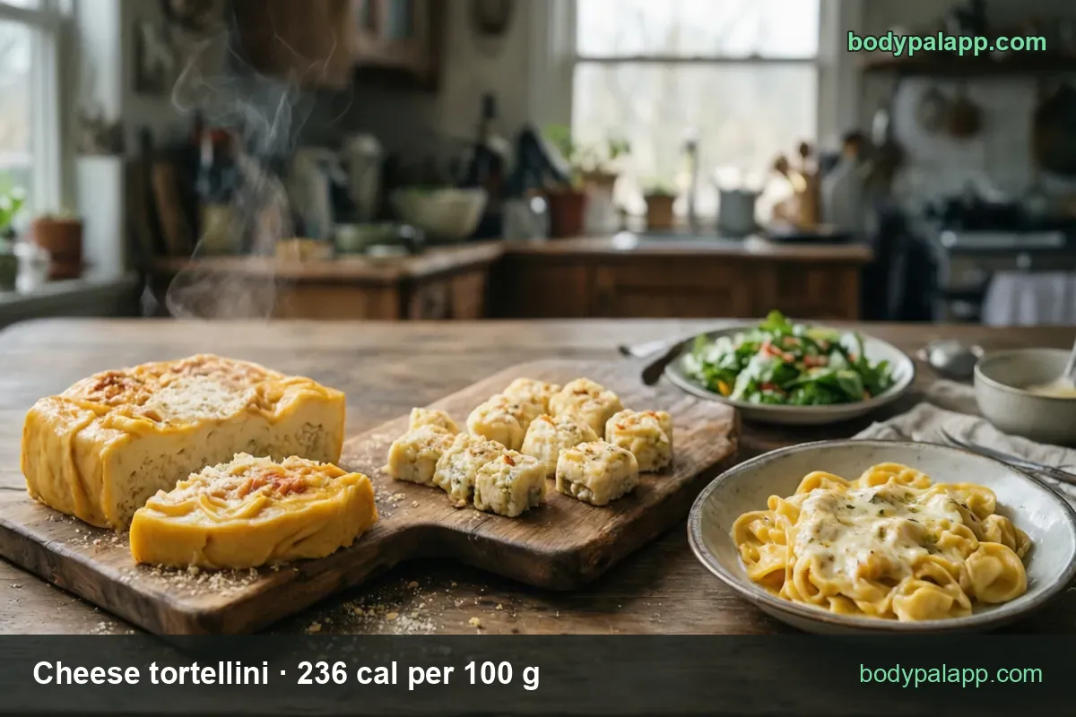 Bowl of cheese tortellini in cream sauce with a salad bowl and a small sauce cup behind, labeled 1 cup (150 g) 354 cal and 1/2 cup (75 g) 177 cal