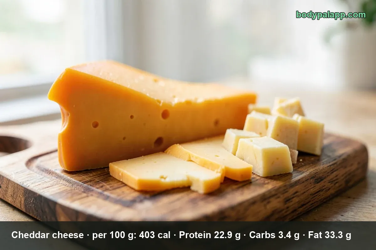 Yellow cheddar block with one cut slice and a knife, light steam rising