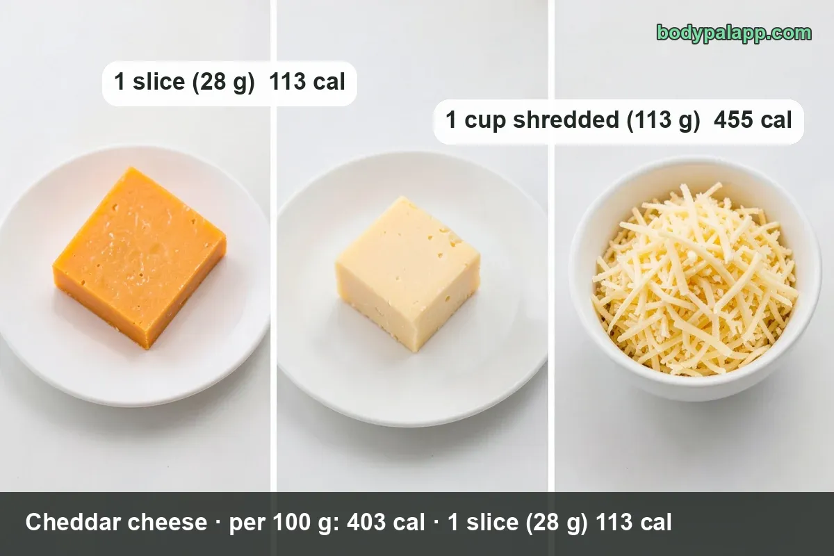 Cheese wedge and layered block on a wooden board plus two baked cheese plates; 1 slice (28 g) 113 cal, 1 cup shredded (113 g) 455 cal