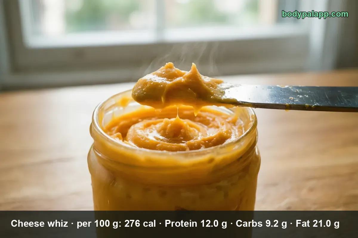 Glass jar of orange cheese spread with a knife holding a dollop of the warm spread above it