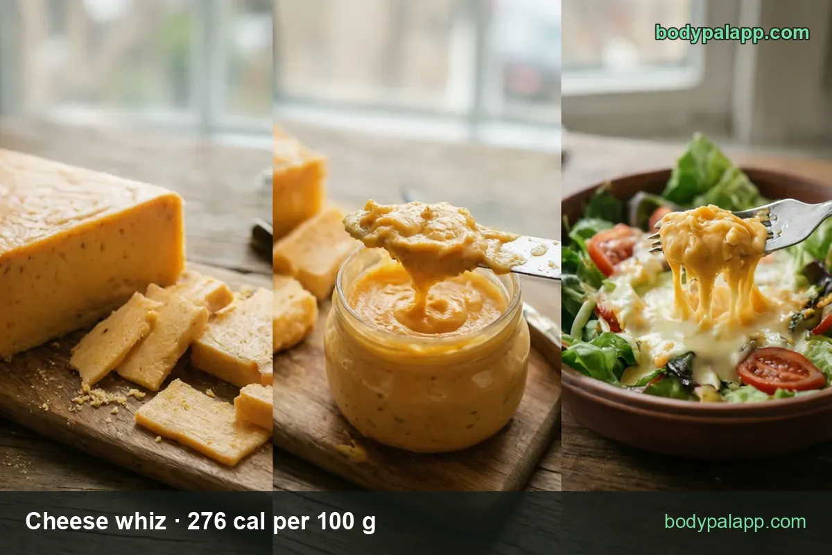 Three panels: orange cheddar block with five slices on a board, jar of orange cheese spread, forkful of melted cheese over a salad bowl