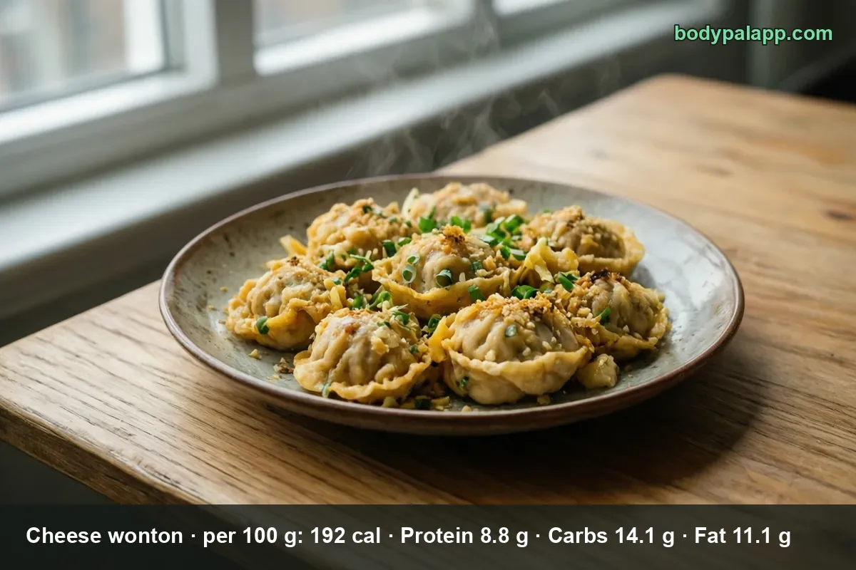 Plate of eight golden fried cheese wontons topped with chopped green onion and crisp crumbs, steam rising.