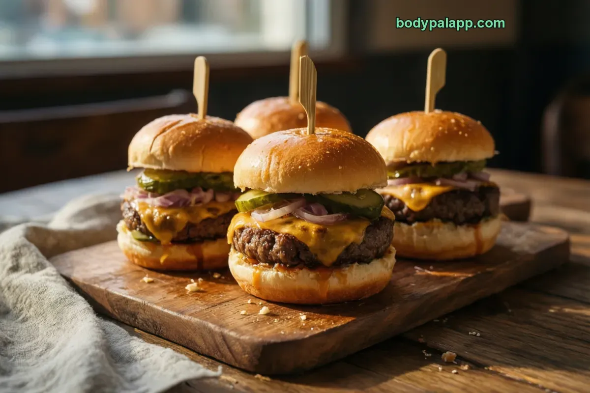 Cheeseburger slider, cooked, mini burger