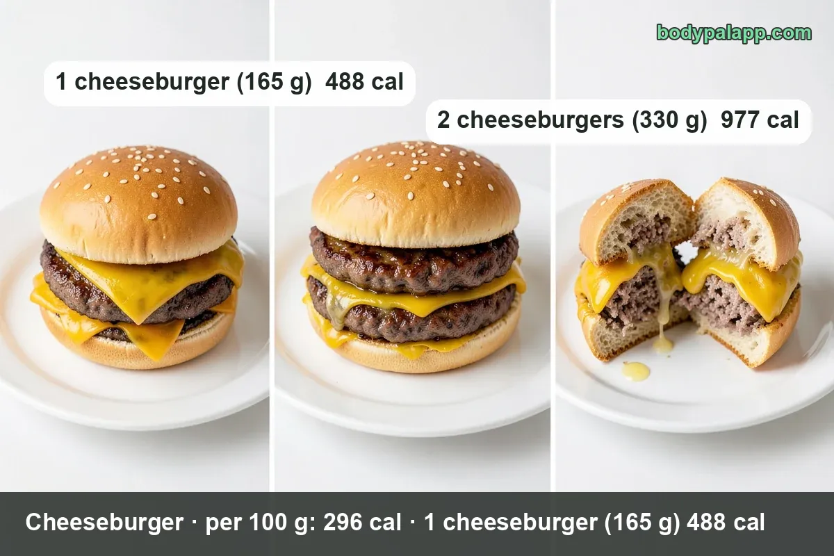 Three cheeseburgers with melted cheddar, ketchup and pickles; 1 cheeseburger (165 g) 488 cal and 2 cheeseburgers (330 g) 977 cal