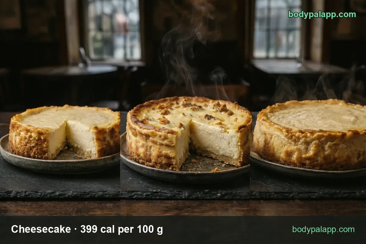 Three plain cheesecakes: one cut open, one crumb-crust cake with a slice out, one whole; 1 slice 175 g 698 cal, 80 g slice 319 cal