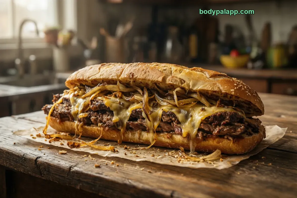 Cheesesteak, on a white roll