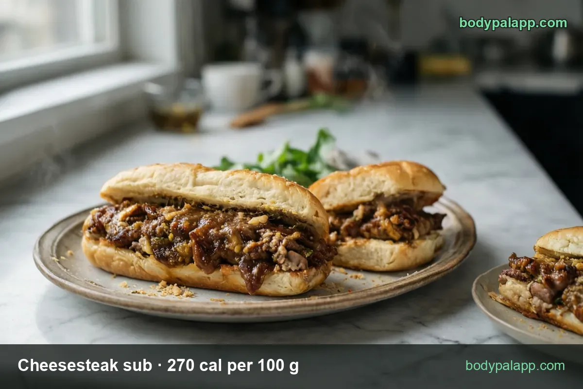 Two cheesesteak subs with sliced beef, melted cheese and onions on an oval plate, chips 6-inch sub 220 g 594 cal and regular 145 g 392 cal