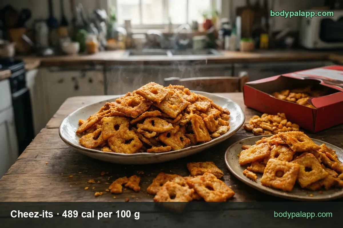 Square cheese crackers heaped on an oval plate with a small side plate, chips reading 62 g 303 cal and 28 g 137 cal