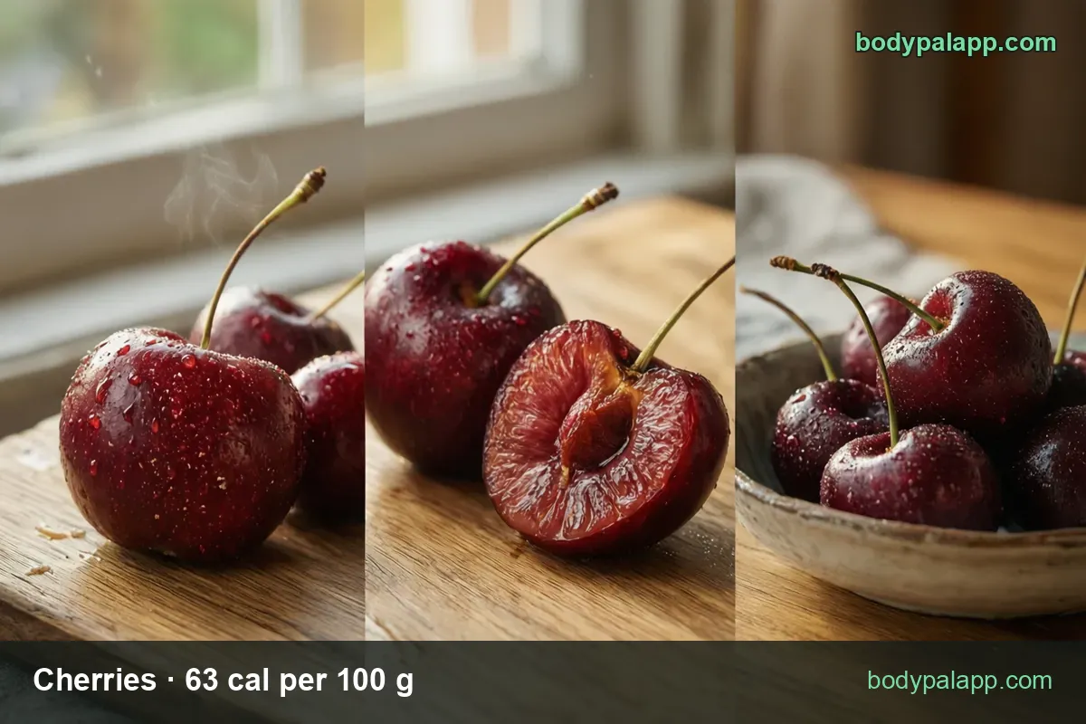 Fresh cherries with two serving labels, 1 cup pitted 154 g at 97 calories and one cherry 8.2 g at 5 calories