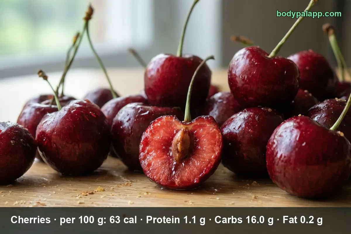 Pile of dark red sweet cherries with stems and water drops, one cherry halved to show the pit