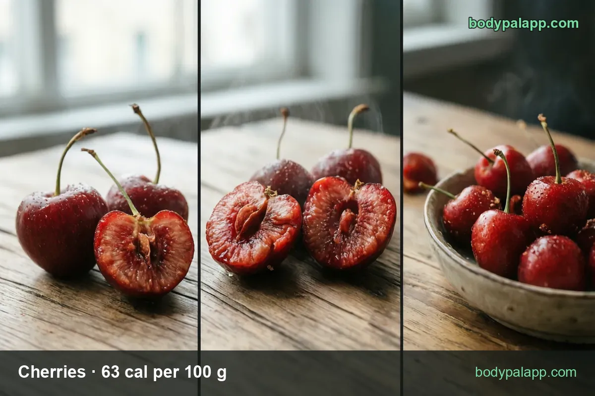 Whole cherries with stems, halves showing pits and a bowl of cherries; 1 cup with pits 138 g 87 cal, 1 cherry 8.2 g 5 cal
