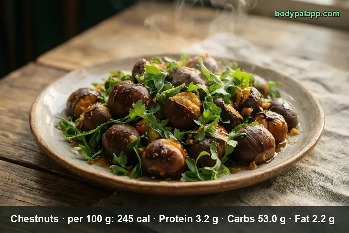 Peeled roasted chestnuts served over arugula with sauce as a warm salad