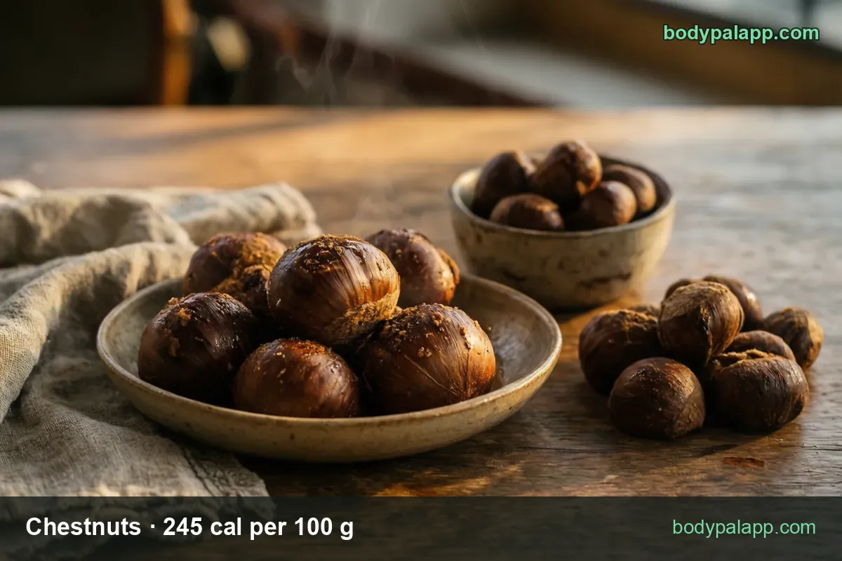 Whole roasted chestnuts with split shells in a shallow dish, steaming, labeled 10 kernels 84 g and 1 cup 143 g
