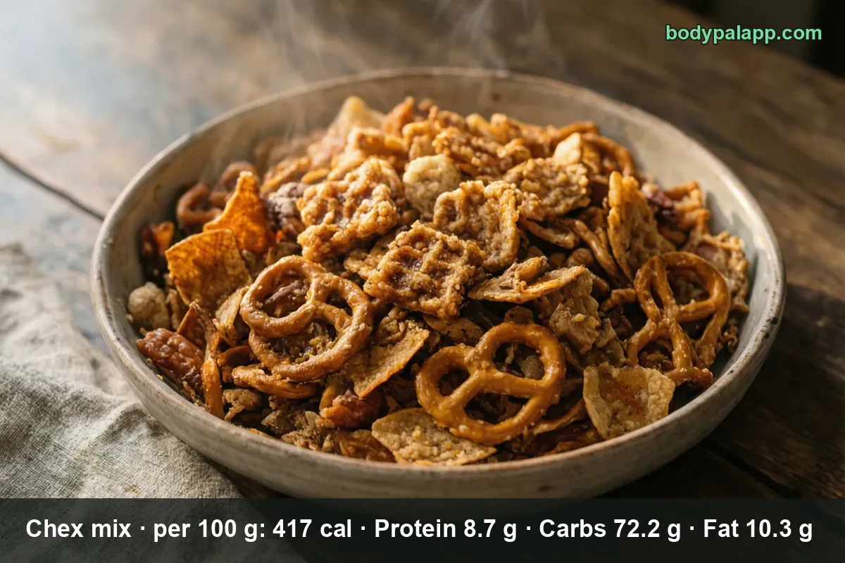 Wide bowl of Chex Mix with cereal squares, pretzels, corn chips and crackers, steam rising.