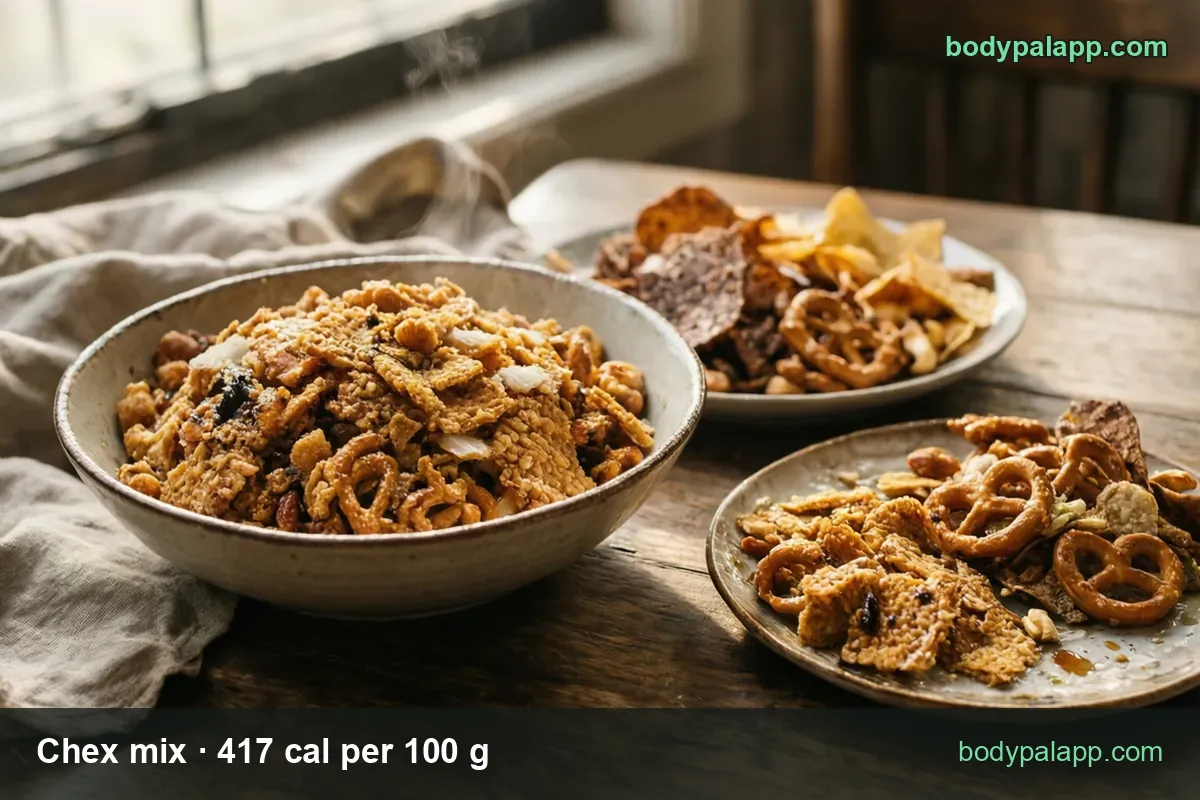 Deep bowl of Chex Mix with pretzels, nuts and cheese bits, rye chips behind, small dish in front; 1 cup 250 cal, 1 oz 118 cal.