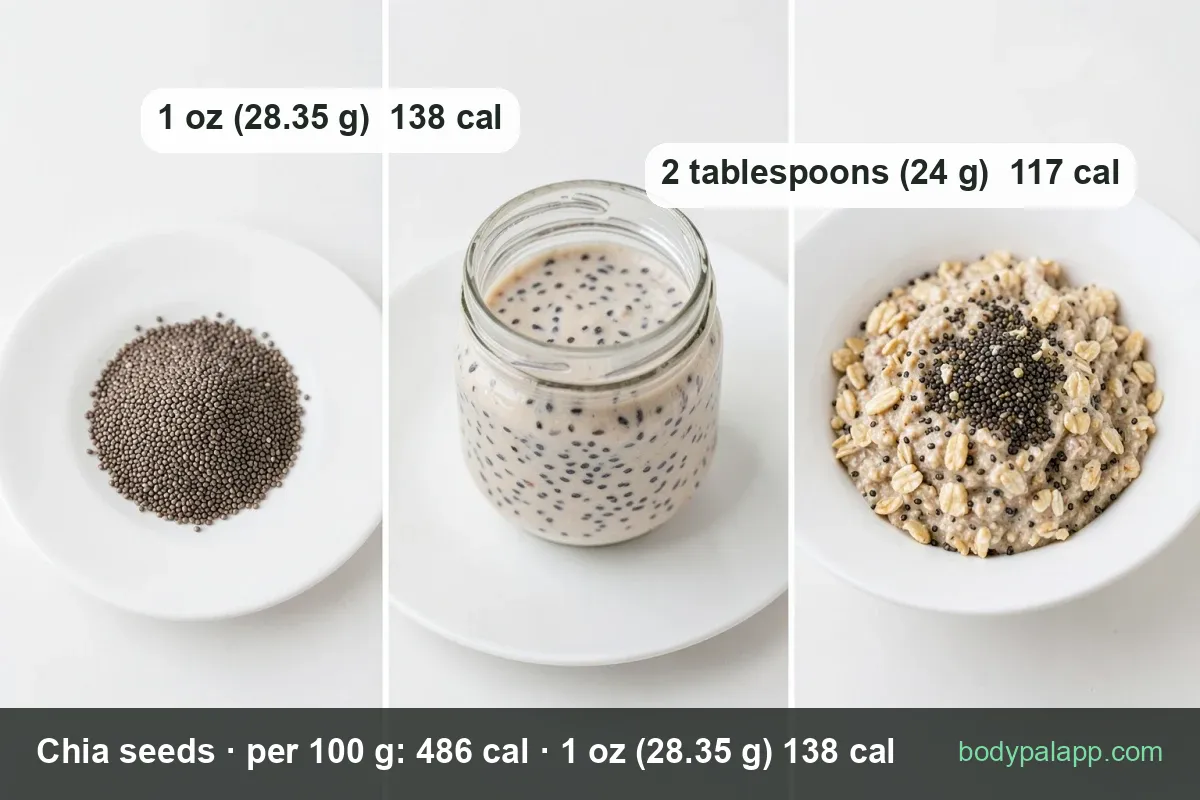 Two bowls of dry chia seeds, dark and lighter, on a tray with a chia spoon; chips show 1 oz 138 cal and 2 tablespoons 117 cal
