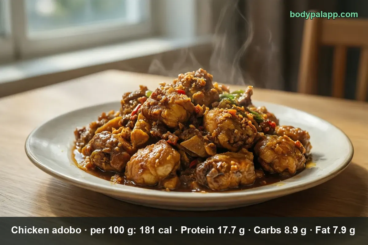 Pile of skin-on chicken adobo pieces in glossy dark sauce with red chiles and green onion on a white plate, steam rising