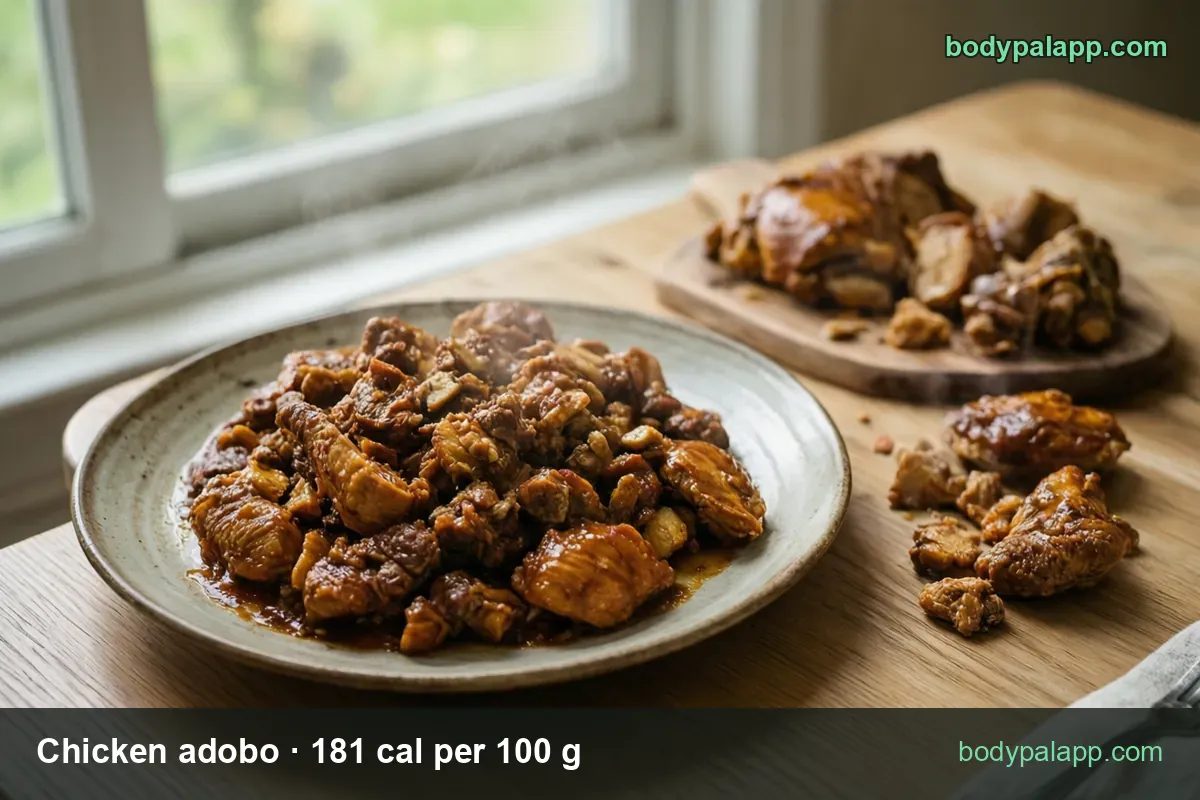 Sliced cooked chicken adobo in dark brown sauce on a plate, roasted chicken pieces on a board behind; 1 cup (244 g) 442 cal, 1/2 cup (122 g) 221 cal