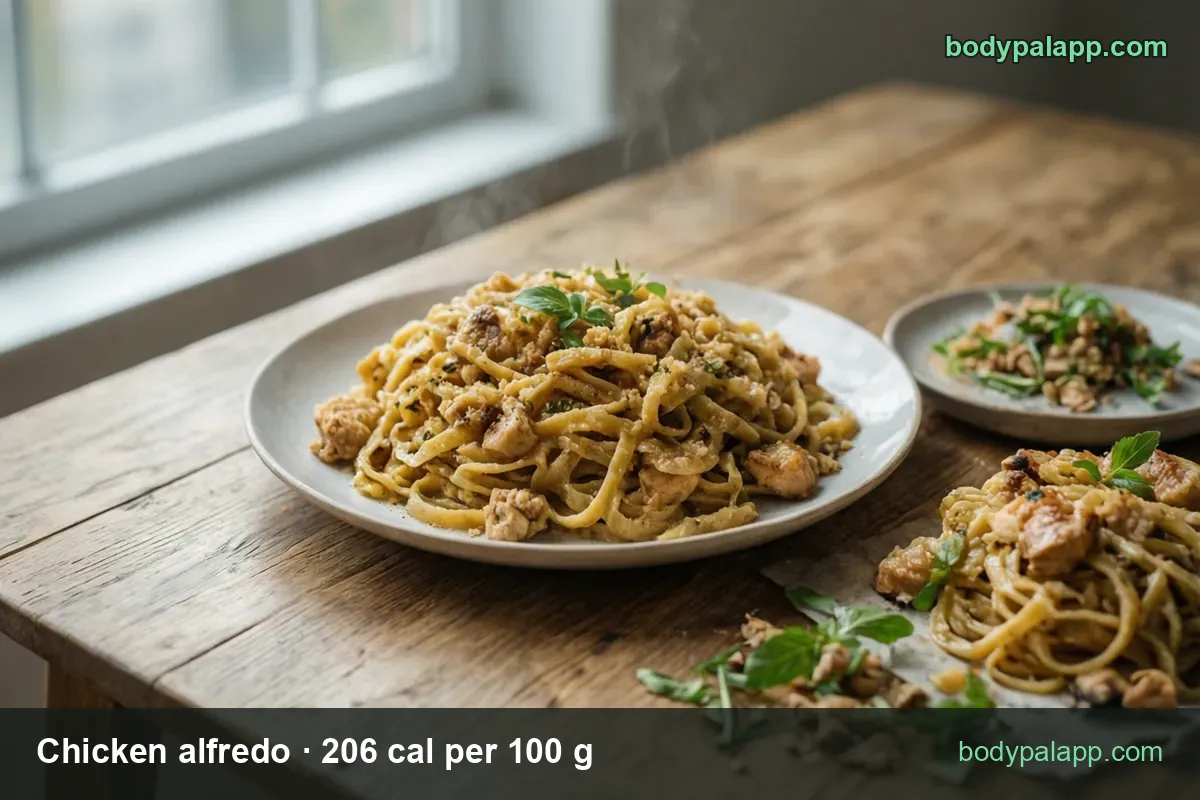 Fettuccine chicken alfredo with grated parmesan and basil, side plate of sliced chicken; 1 cup 515 cal and half cup 258 cal