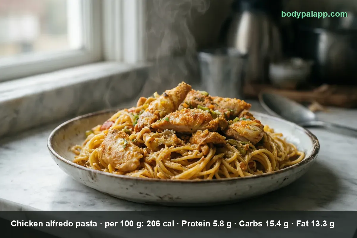 Plate of spaghetti topped with pieces of chicken in a brown-orange sauce, one serving of chicken alfredo pasta
