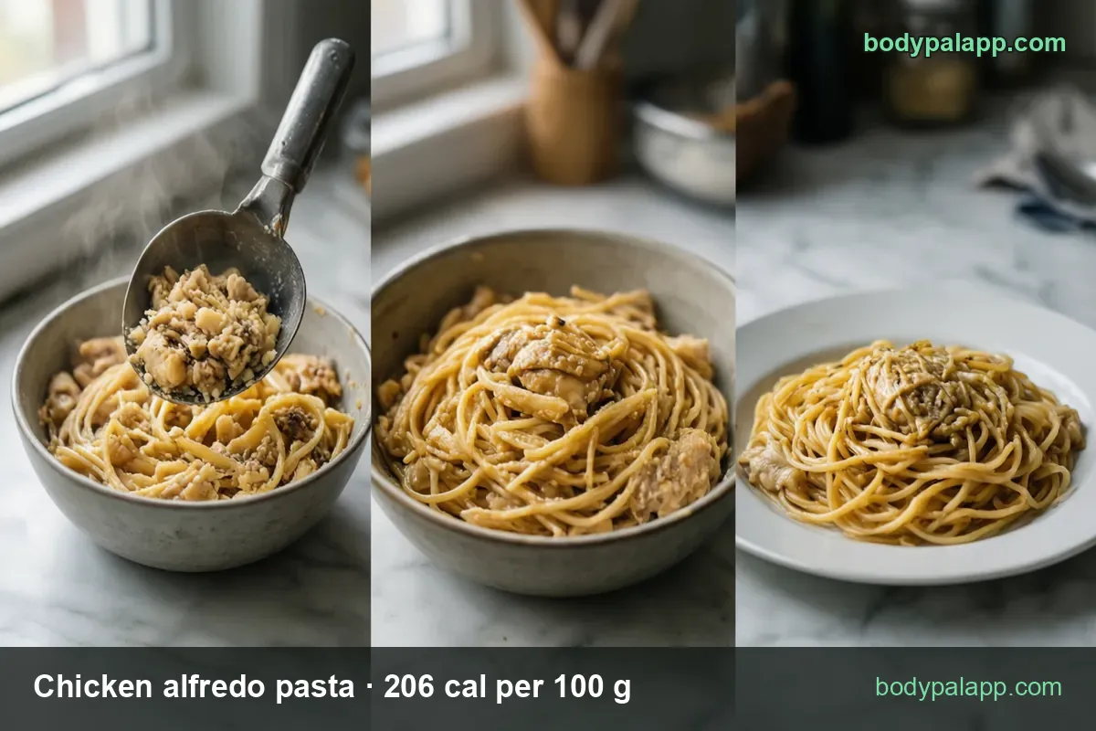 Bowls and a plate of spaghetti with chicken in creamy sauce, showing 1 cup (250 g) 515 cal and 2 cups (500 g) 1030 cal