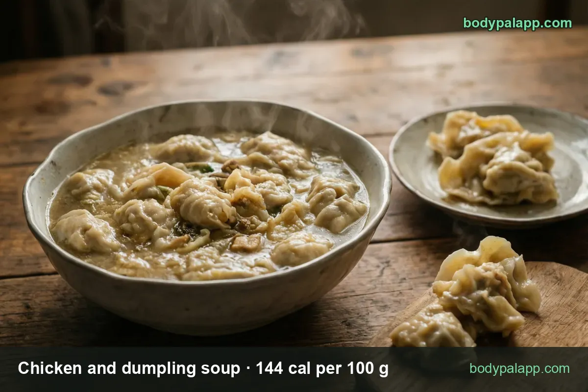 Bowl of thick chicken and dumpling soup with dumplings, a saucer with four more; 1 cup (244 g) 351 cal and 2 cups (488 g) 703 cal.