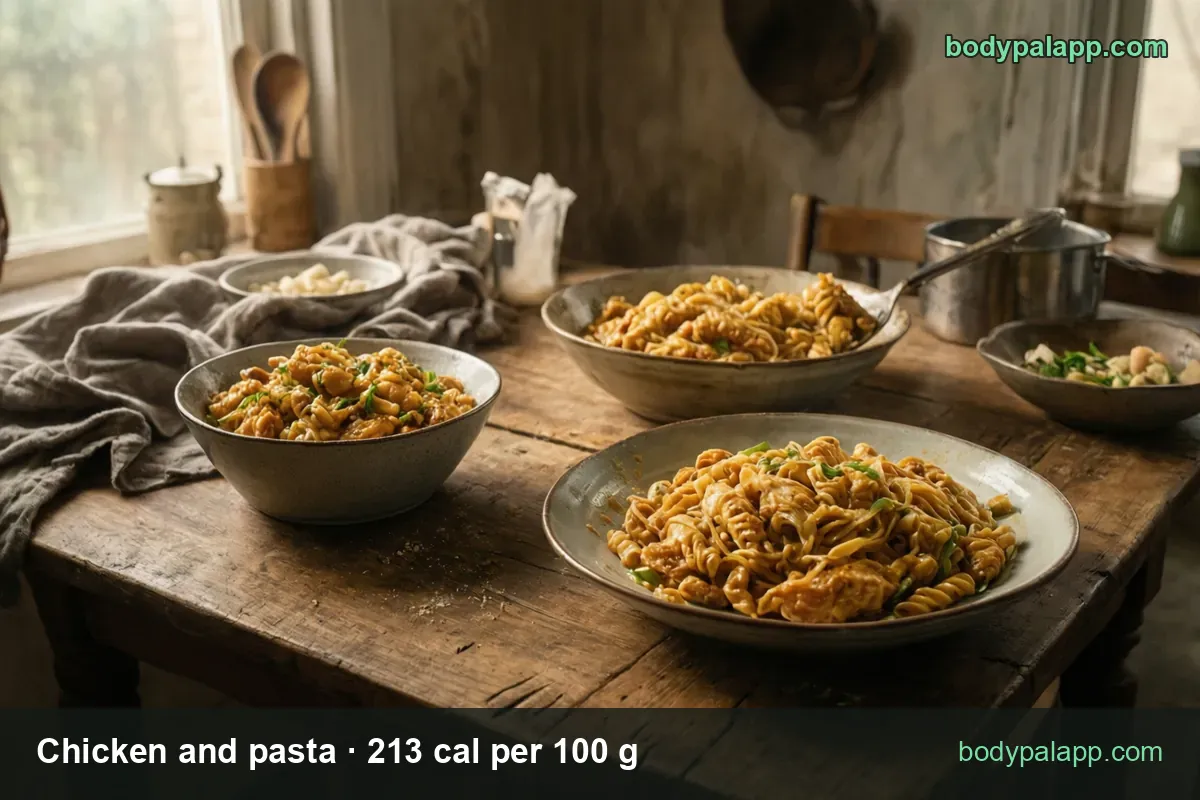 Bowl of fusilli with chicken in creamy sauce and green onion, more fusilli behind; labels for 1 cup (204 g) and 1/2 cup (102 g).