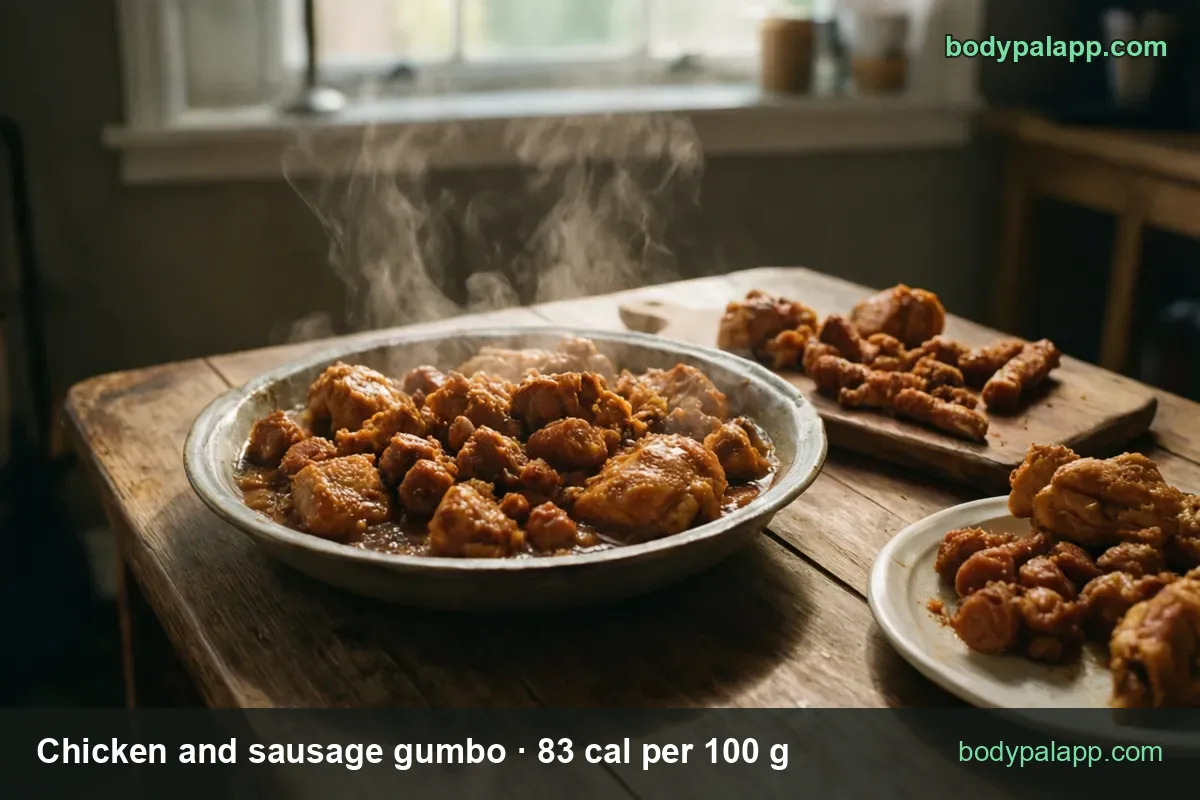 Chicken pieces in red-brown sauce with fried chicken strips beside it, chips reading 1 cup (244 g) 203 cal and 1/2 cup (122 g) 101 cal