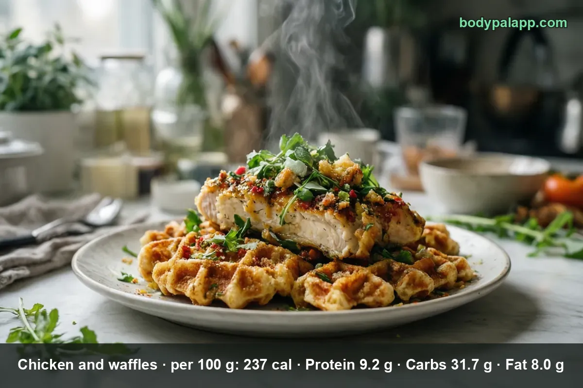 Sliced breaded chicken breast on three waffles with arugula and chili flakes, steam rising, no syrup or butter