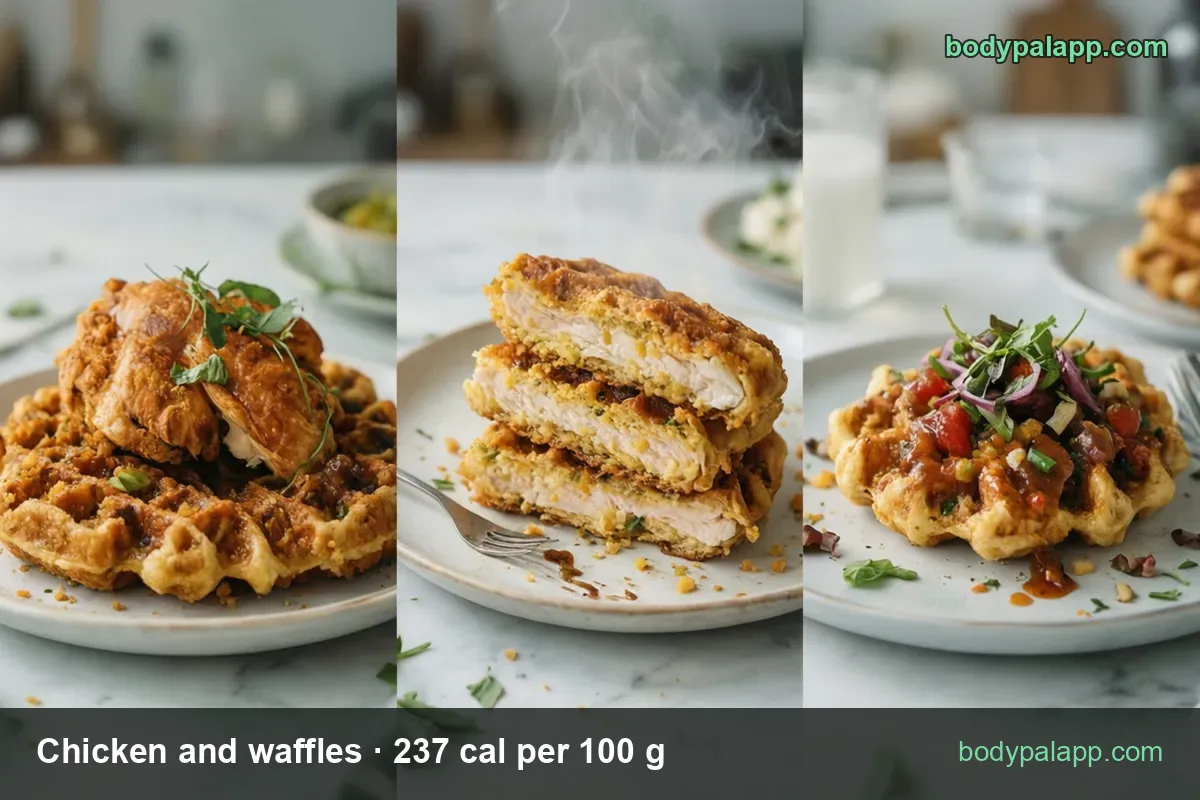 Breaded chicken on a waffle with herbs, labeled 1 package 262 g 621 cal and half package 131 g 310 cal
