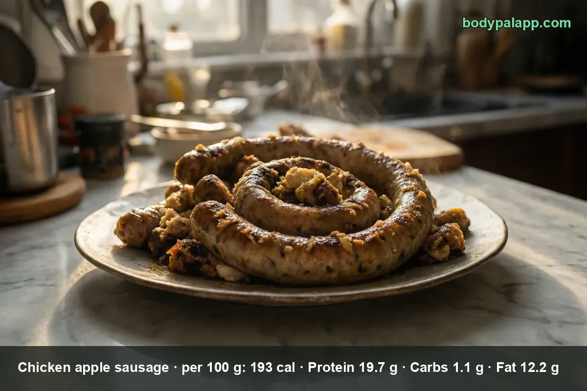 Coiled roasted chicken apple sausage on a plate with cut pieces beside it and steam rising
