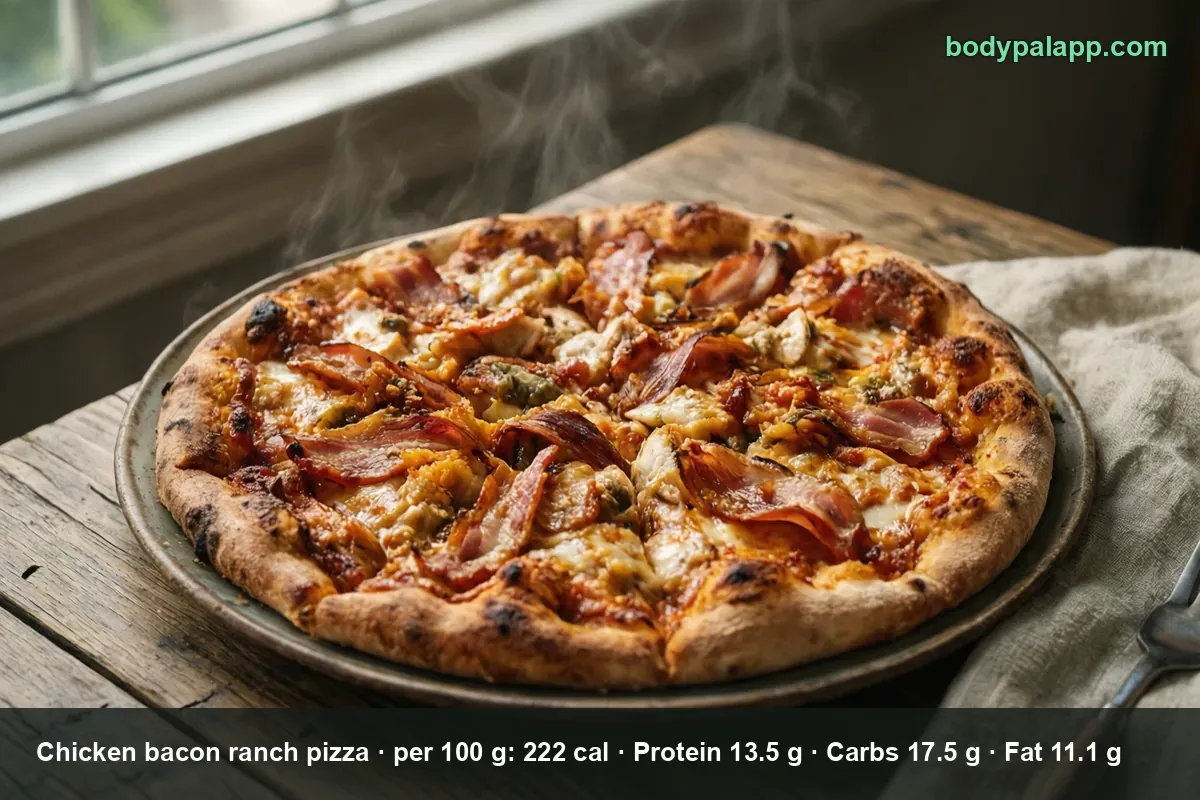 Whole sliced chicken bacon ranch pizza with bacon strips and chicken pieces, steam rising, on a metal tray