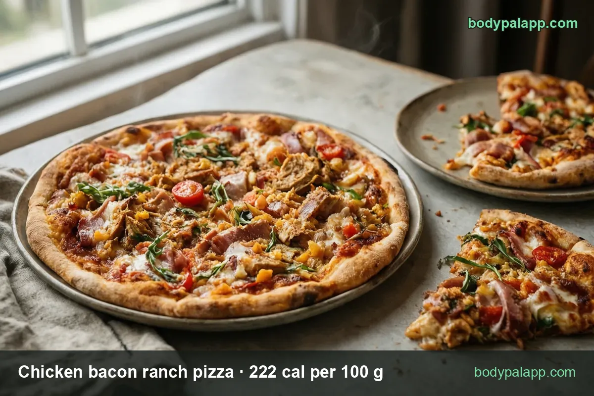 Chicken bacon ranch pizza on a tray with cherry tomatoes and basil, a slice on a plate; 1/4 pizza 126 g 280 cal, whole 504 g 1119 cal
