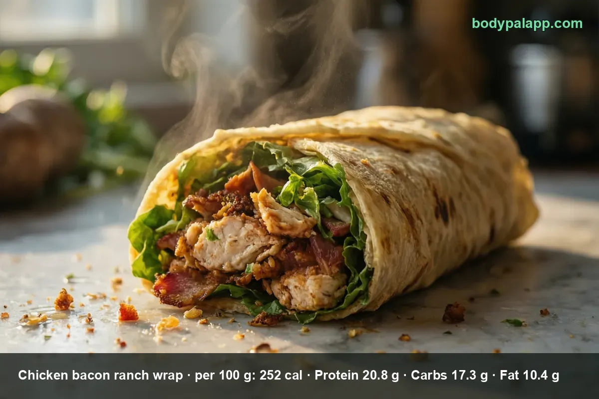 Whole chicken bacon ranch wrap in close-up, cut open at the front showing chicken, bacon and lettuce, with crumbs around it and steam.