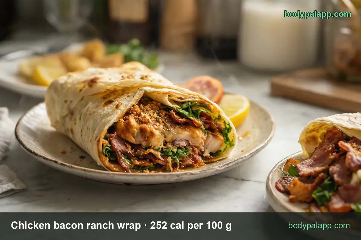 Cut chicken bacon ranch wrap on a plate with chicken, bacon and salad, labeled 1 wrap 161 g 406 cal and half wrap 80.5 g 203 cal.