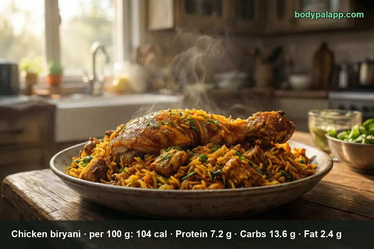 Plate of chicken biryani rice topped with a whole chicken leg, steam rising.