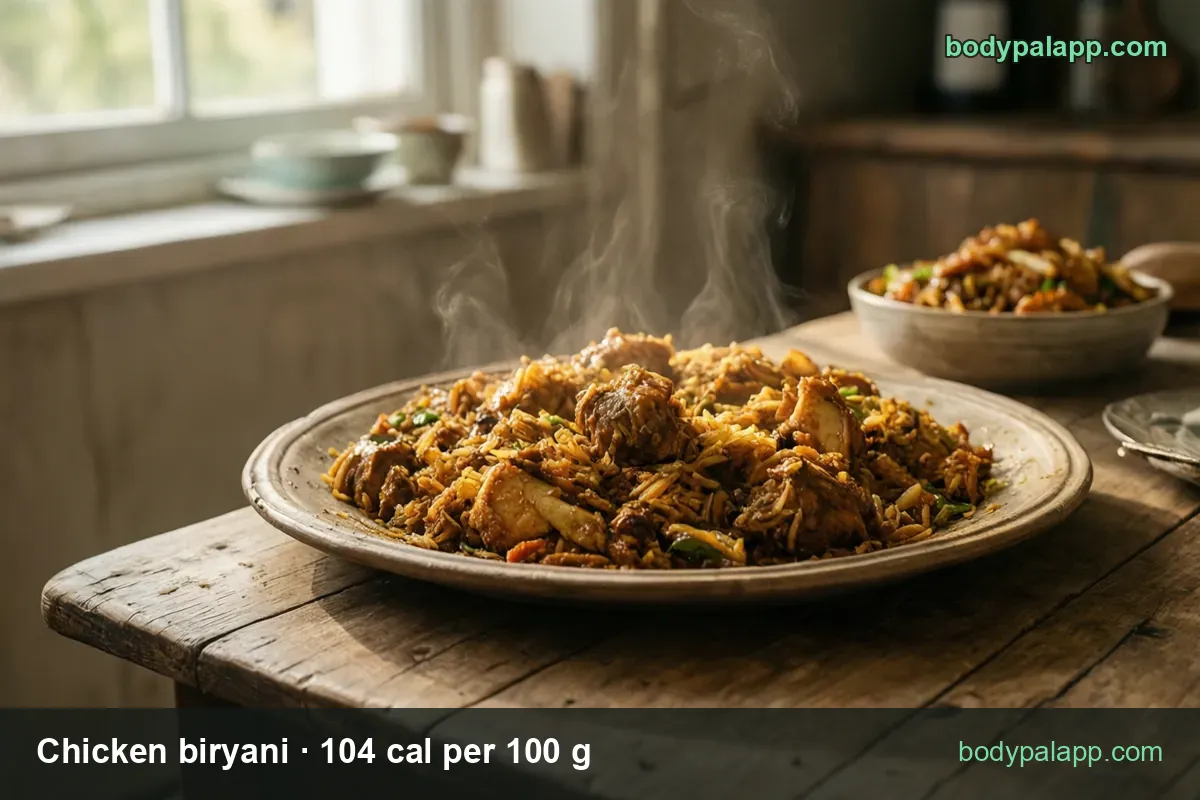 Large plate of chicken biryani with rice and chicken pieces on a wooden table, second bowl behind; 1 cup 196 g 204 cal, 245 g 255 cal.