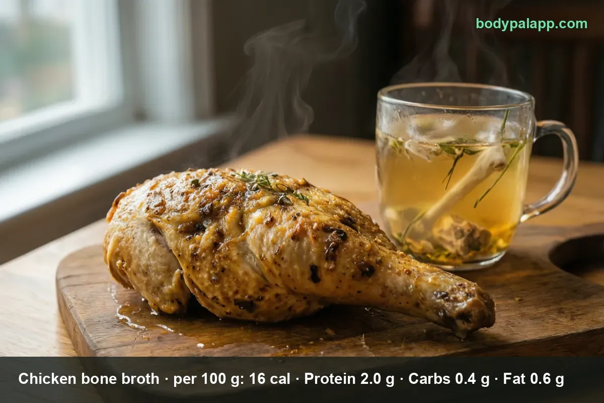 Roasted chicken leg on a wooden board next to a glass cup of golden chicken bone broth with a bone in it