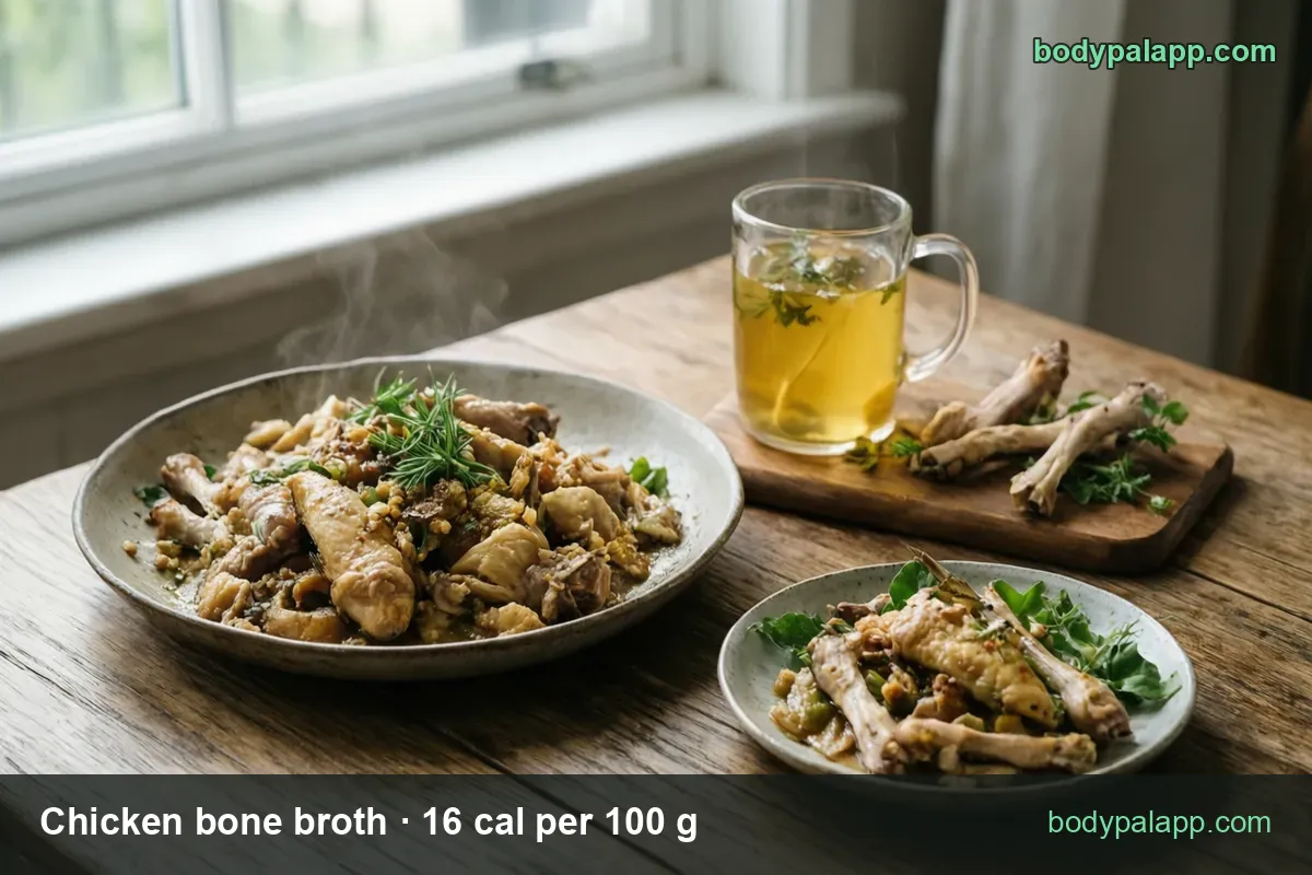 Boiled chicken with bones and herbs beside a glass of golden bone broth; chips show 1 cup (244 g) 39 cal and 1/2 cup (122 g) 20 cal