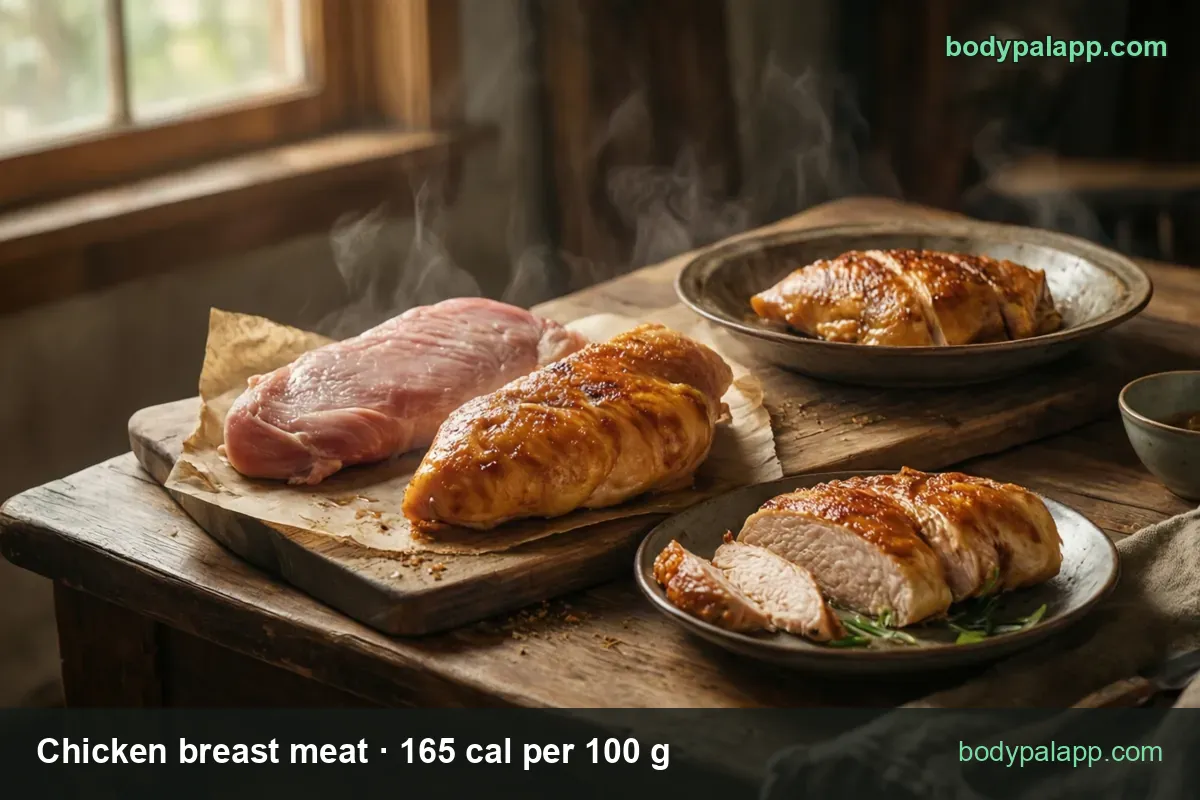 Board with a raw and a roasted chicken breast, a plate of sliced roasted breast and a bowl with another; 172 g and 85 g servings.