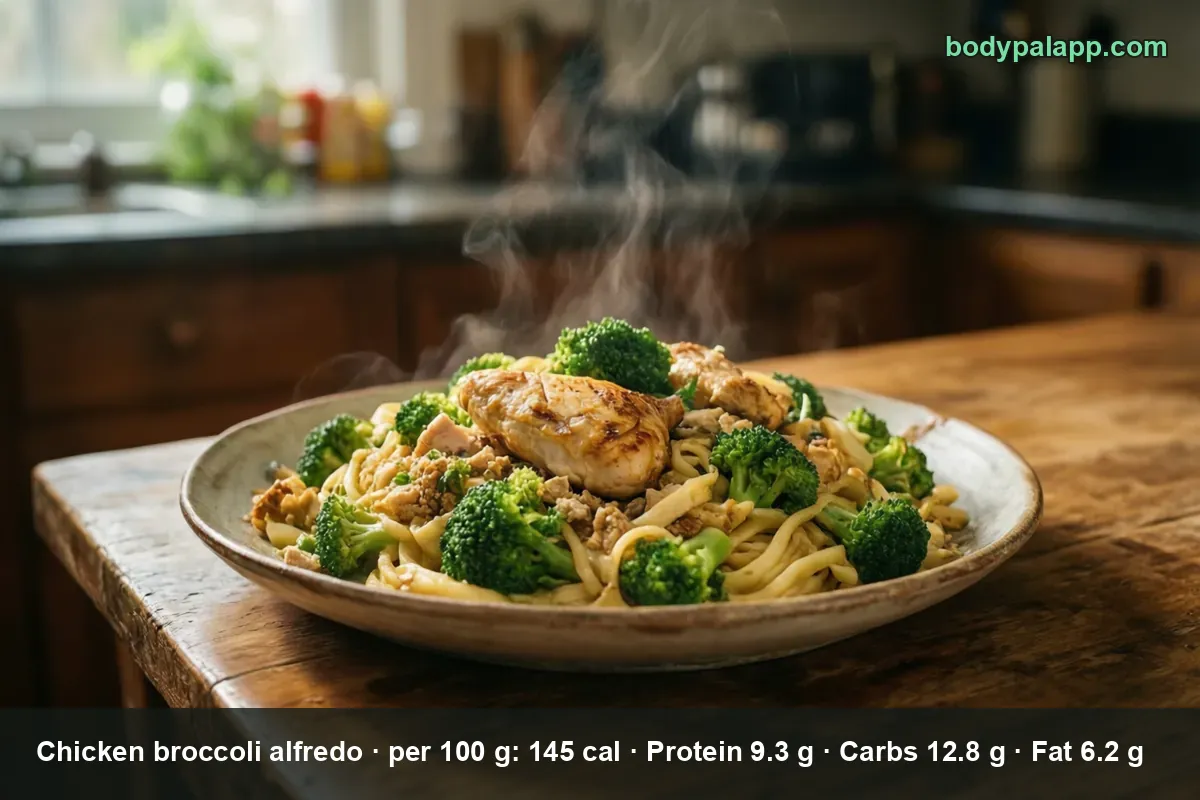 Fettuccine with broccoli florets and a whole chicken breast piece in a light alfredo sauce on a plate