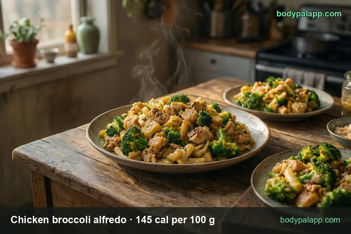 Short pasta with broccoli and diced chicken in light alfredo sauce, labeled 1 cup (227 g) 329 cal and 1/2 cup (114 g) 165 cal