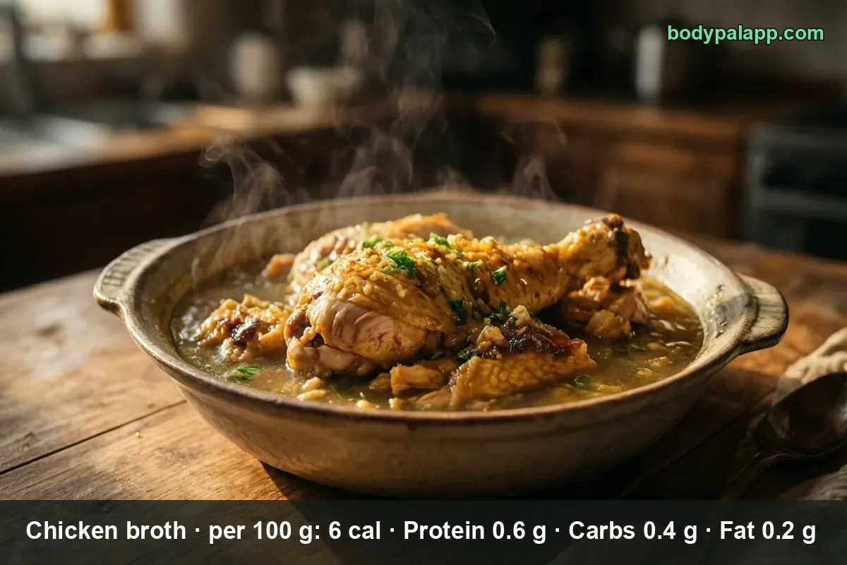 Bowl of chicken broth with chicken drumsticks in it, steam rising above the bowl