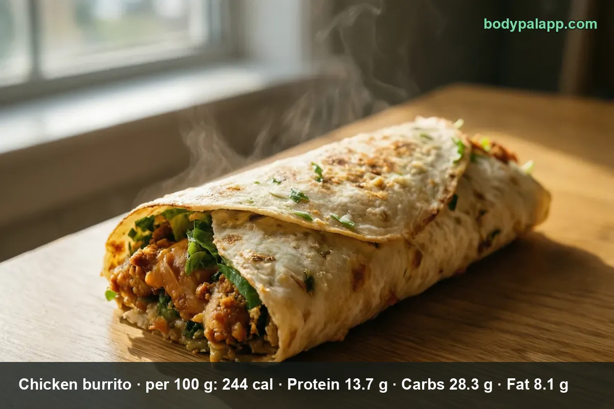 Whole chicken burrito with an open end and rising steam, chicken filling visible at the tip