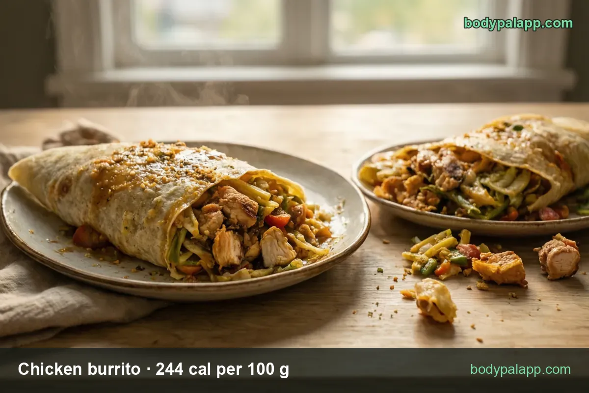 Cut chicken burrito with chicken, cabbage and peppers, second opened burrito behind: 1 regular (220 g) 537 cal, 1 mini (110 g) 268 cal
