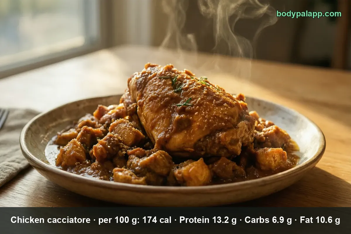 Whole chicken leg resting on chunks of chicken in brown sauce, no visible tomatoes, peppers, mushrooms or olives.