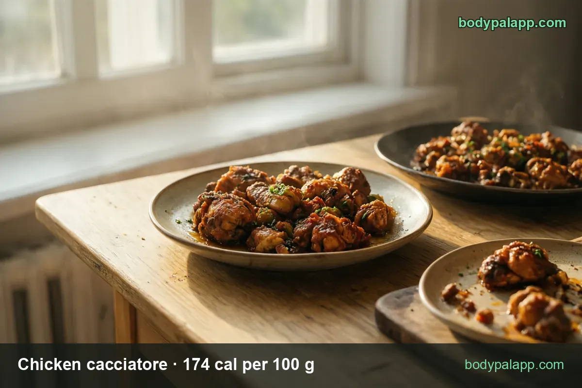 Three plates of braised chicken pieces in brownish-red sauce with parsley, labeled 1 cup (244 g) 425 cal and 1 thigh (107 g) 186 cal.
