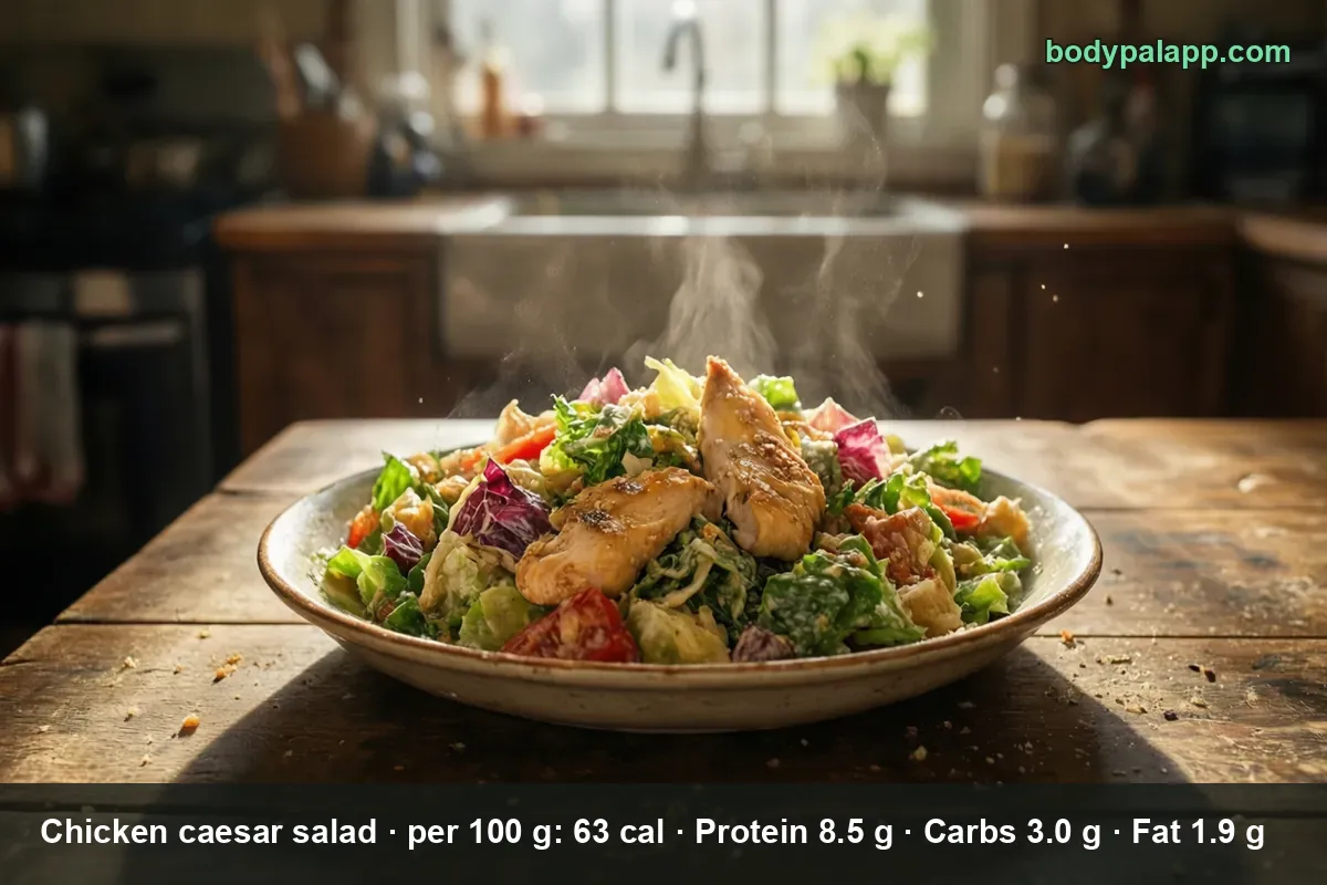 Bowl of chicken caesar salad with two sliced grilled chicken pieces, tomatoes, red cabbage and creamy dressing.